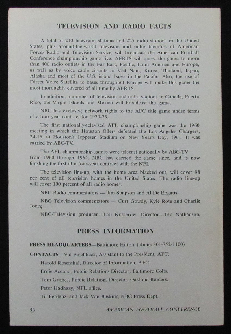 1970 NFL AFC Championship Game Media/Press Guide Raiders vs. Colts 188817