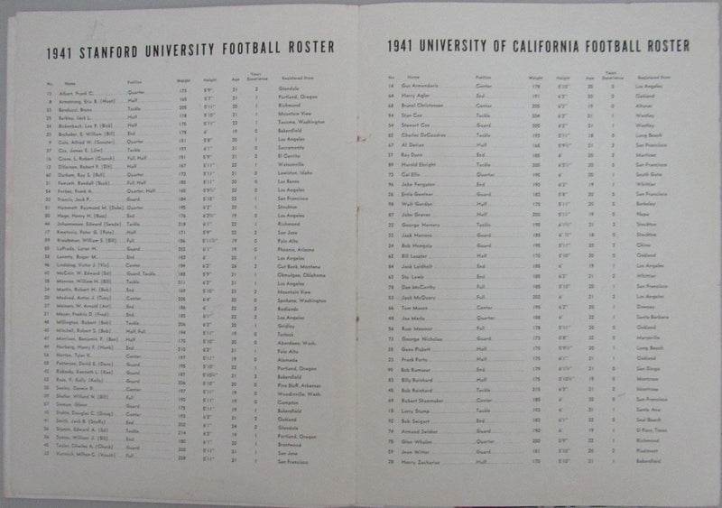 1941 California vs. Stanford College Football Game Souvenir Program 163172