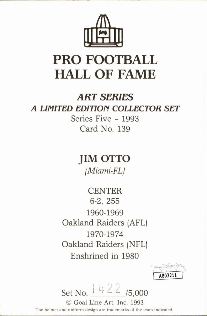 Jim Otto HOF Raiders Signed/Inscribed Goal Line Art GLAC Postcard JSA 167099