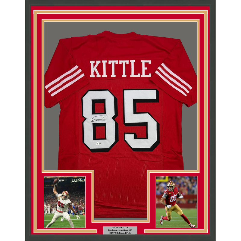 Framed Autographed/Signed George Kittle 35x39 San Francisco Red Alternate Football Jersey Beckett BAS COA