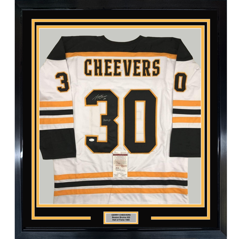Framed Autographed/Signed Gerry Cheevers HOF 85 35x39 Boston White Hockey Jersey JSA COA