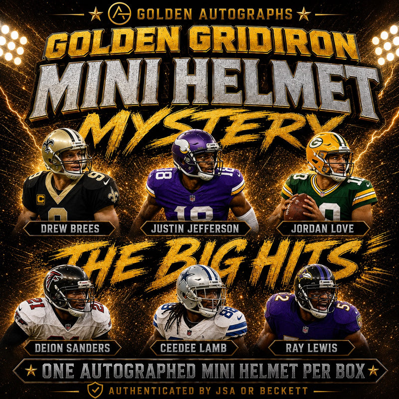 Golden Gridiron signed football mini helmet mystery box promotional artwork