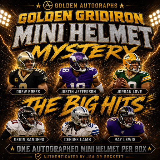 Golden Gridiron signed football mini helmet mystery box promotional artwork