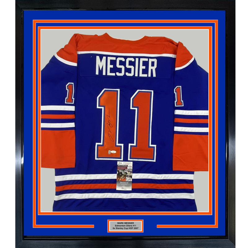 Framed Autographed/Signed Mark Messier 35x39 Edmonton Blue Hockey Jersey JSA COA