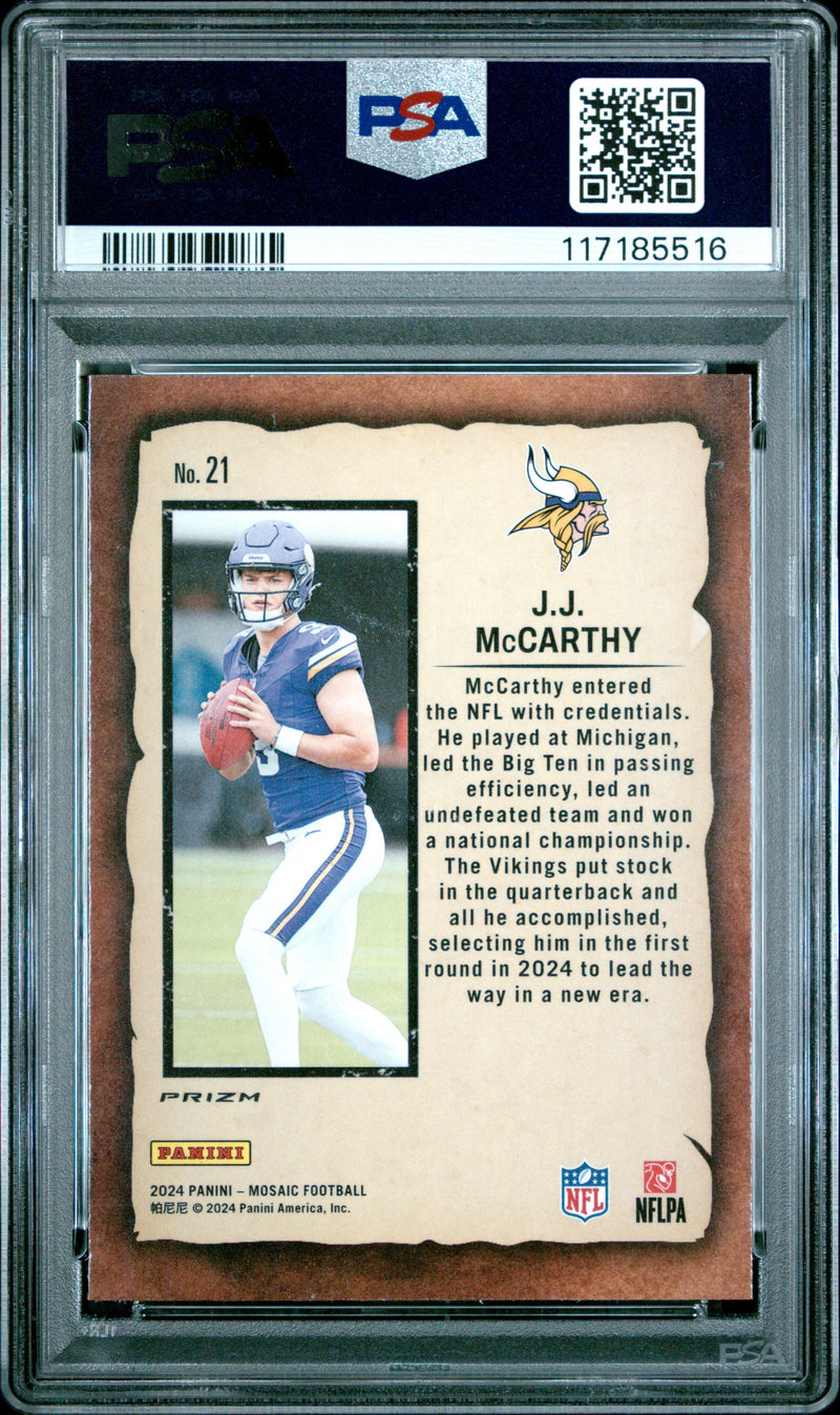 Graded 2024 Panini Mosaic JJ McCarthy #21 Notoriety Green Rookie RC Football Card PSA 10 Gem Mint