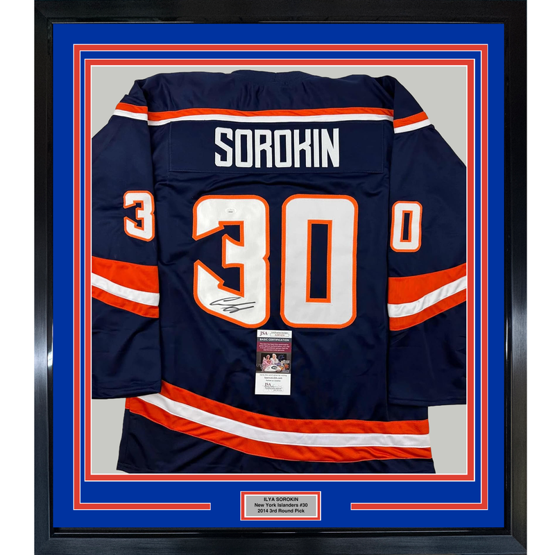 Framed Autographed/Signed Ilya Sorokin 35x39 New York Blue Reverse Retro Hockey Jersey JSA COA