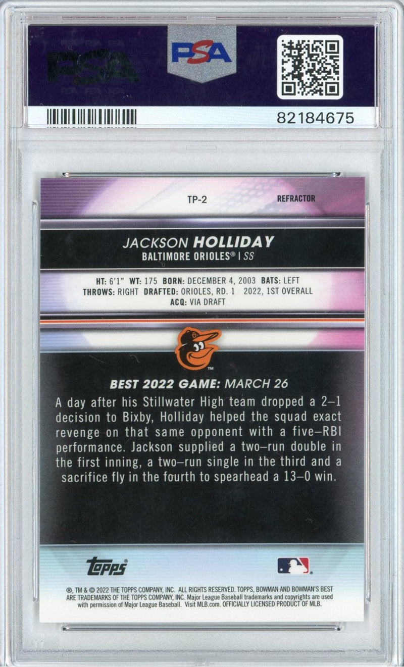 Graded 2022 Topps Bowmans Best Jackson Holliday #TP2 Top Prospects Refractor Rookie RC Baseball Card PSA 10 Gem Mint