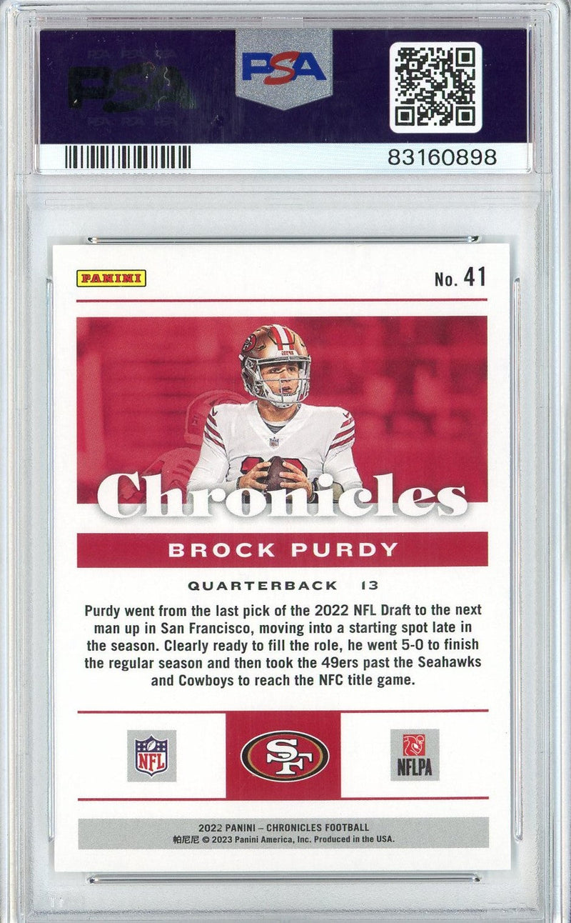 Graded 2022 Panini Chronicles Brock Purdy #41 Rookie RC Football Card PSA 10 Gem Mint