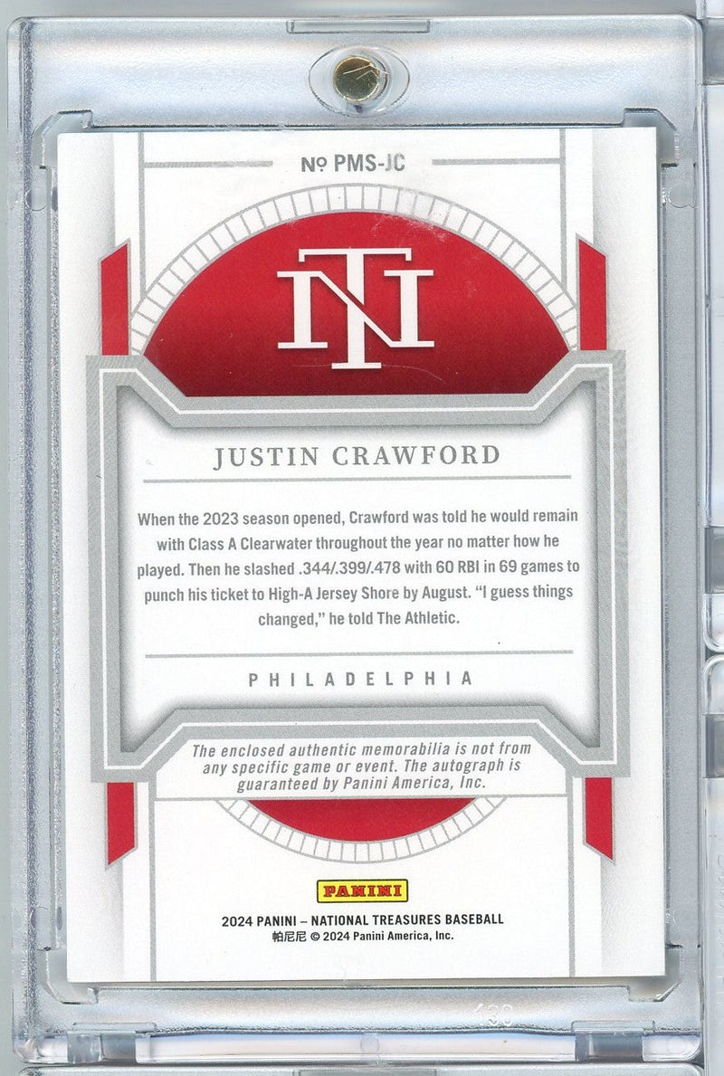 2024 Panini National Treasures Justin Crawford #PMSJC /49 Rookie Patch Auto Rookie RC Baseball Card