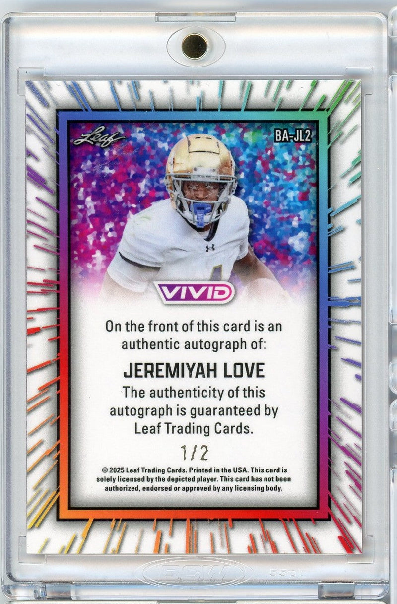2025 Leaf Vivid Jeremiyah Love #BAJL2 Auto /2 Notre Dame Rookie RC Football Card