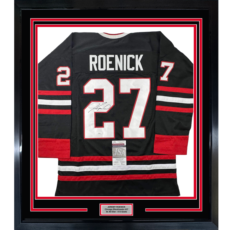 Framed Autographed/Signed Jeremy Roenick 35x39 Chicago Black Hockey Jersey JSA COA