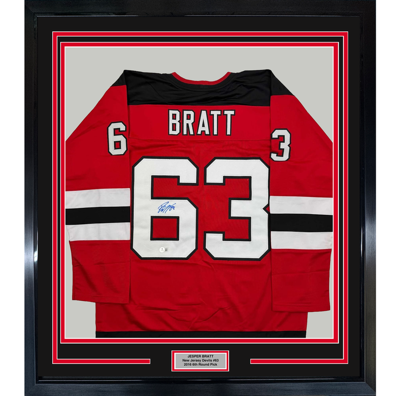 Framed Autographed/Signed Jesper Bratt 35x39 New Jersey Red Hockey Jersey Beckett BAS COA