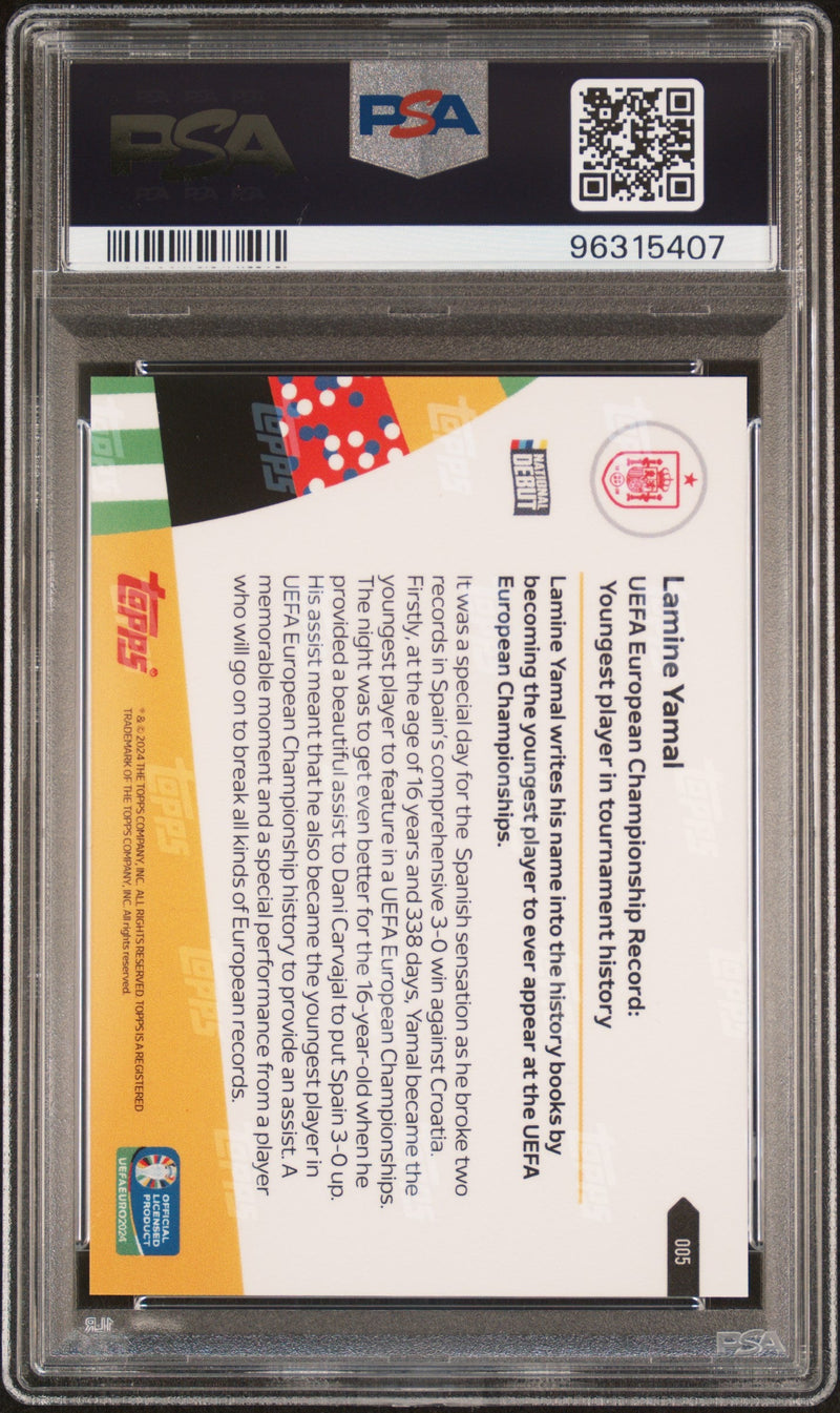 Graded 2024 Topps Now Lamine Yamal #5 UEFA Euro Championship Record: Youngest Player in Tournament History Rookie RC Soccer Card PSA 10 Gem Mint