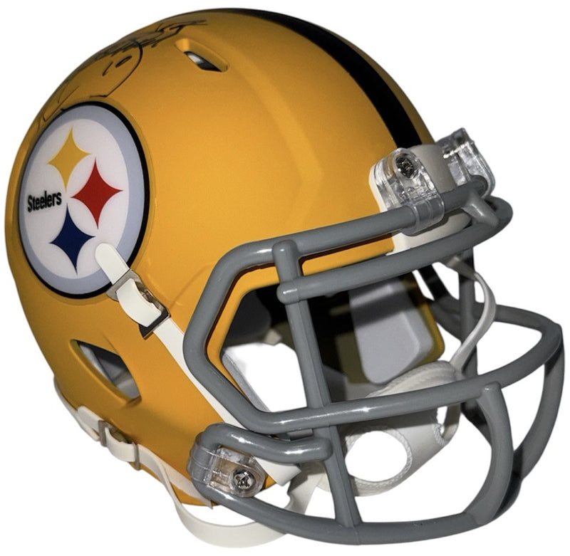 Kordell Stewart autographed Steelers 2025 alternate mini helmet gray facemask angled view