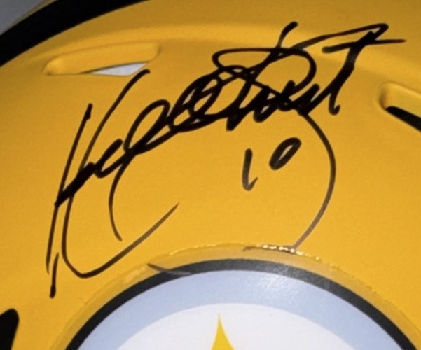 Kordell Stewart autograph close-up Pittsburgh Steelers yellow mini football helmet