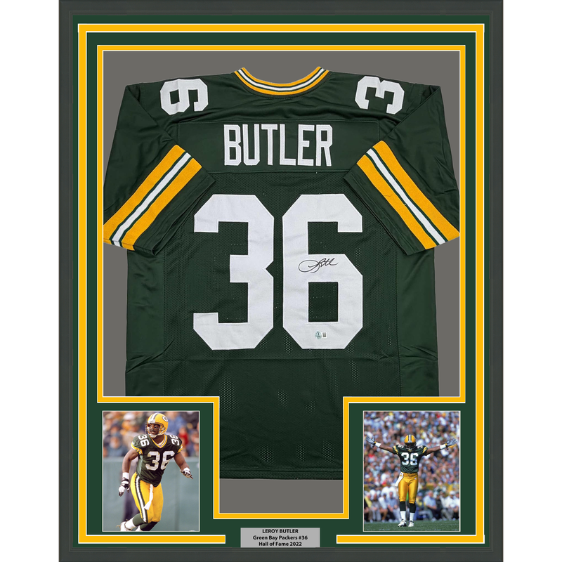 Framed Autographed/Signed Leroy Butler 35x39 Green Bay Green Football Jersey Beckett BAS COA