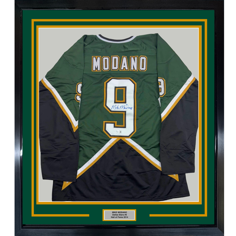 Framed Autographed/Signed Mike Modano HOF 2014 35x39 Dallas Dark Green Hockey Jersey Beckett BAS COA