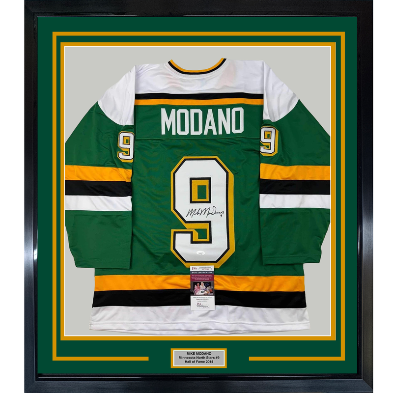 Framed Autographed/Signed Mike Modano HOF 2014 35x39 Minnesota Green Hockey Jersey Beckett BAS COA