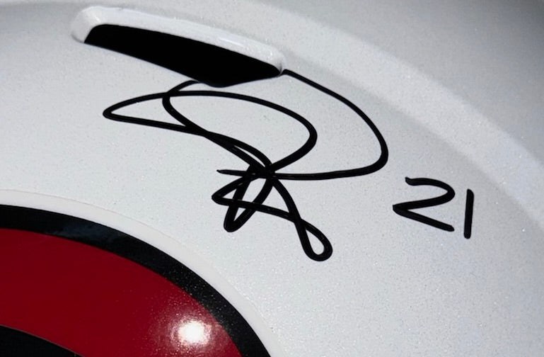 Patrick Peterson autograph with number 21 on Arizona Cardinals full-size helmet close-up