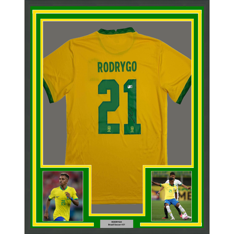 Framed Autographed/Signed Rodrygo Silva de Goes 35x39 Brazil Yellow Soccer World Cup Jersey Beckett BAS COA