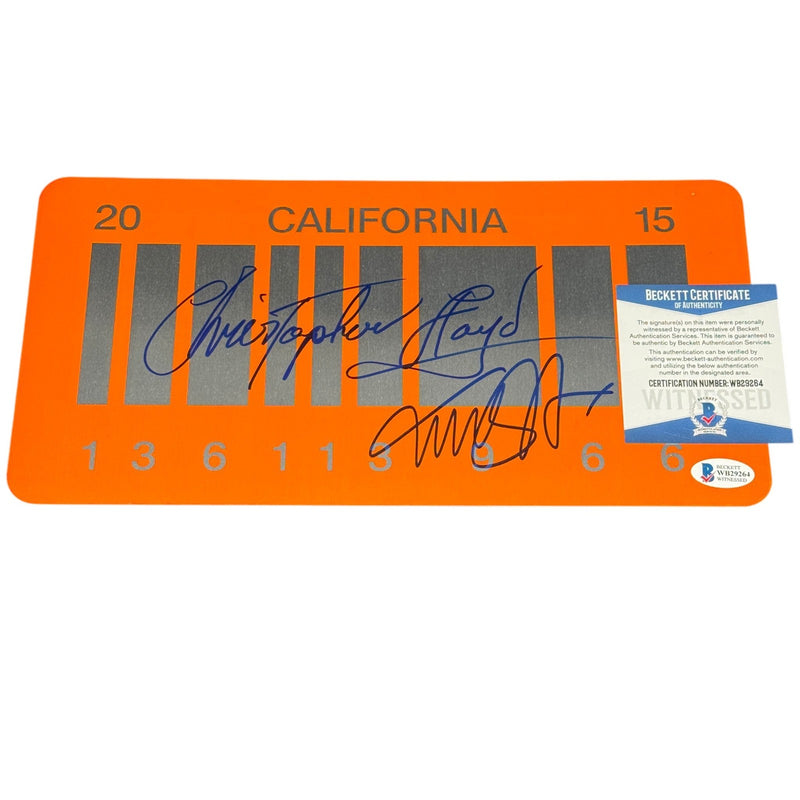 Michael J Fox + Christopher Lloyd Signed Orange License Plate BTTF Beckett COA
