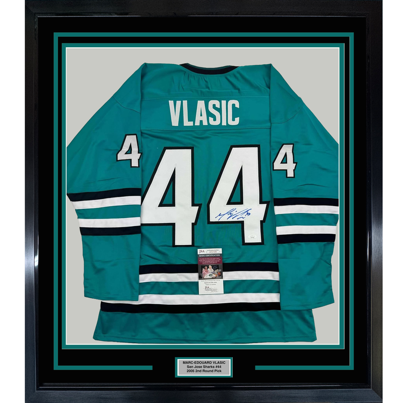 Framed Autographed/Signed Marc-Edouard Vlasic 35x39 San Jose Teal Hockey Jersey JSA COA