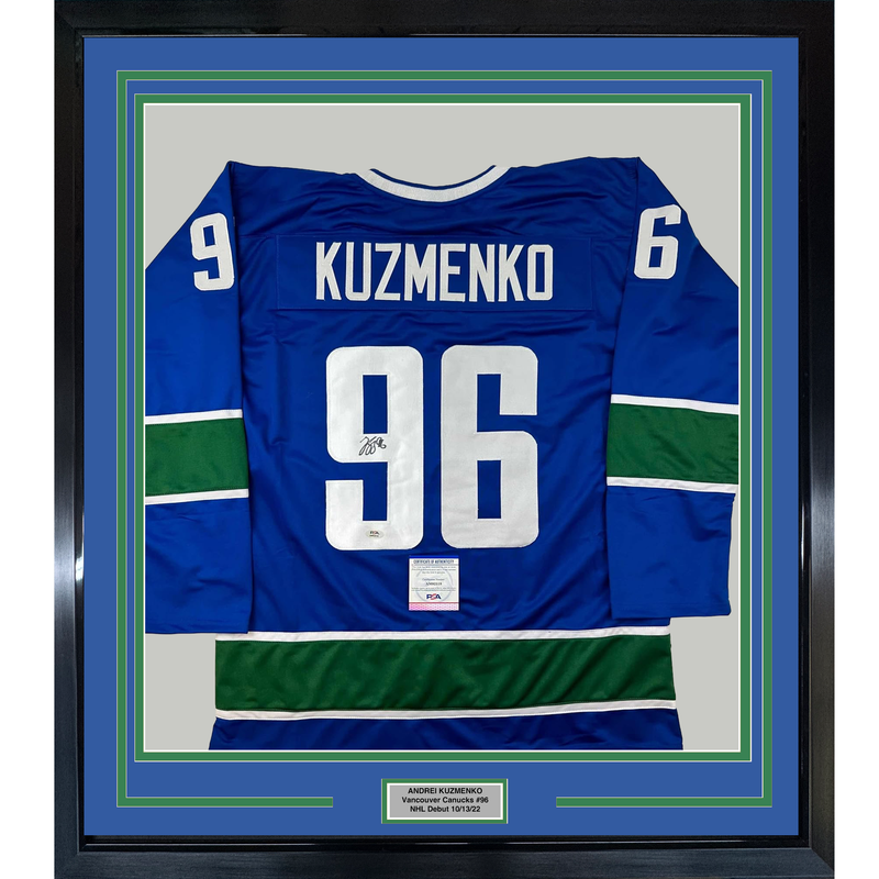 Framed Autographed/Signed Andrei Kuzmenko 35x39 Vancouver Blue Hockey Jersey PSA/DNA COA