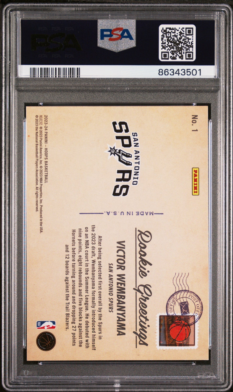 Graded 2023 Panini NBA Hoops Victor Wembanyama #1 Rookie Greetings Winter Rookie RC Basketball Card PSA 10 Gem Mint