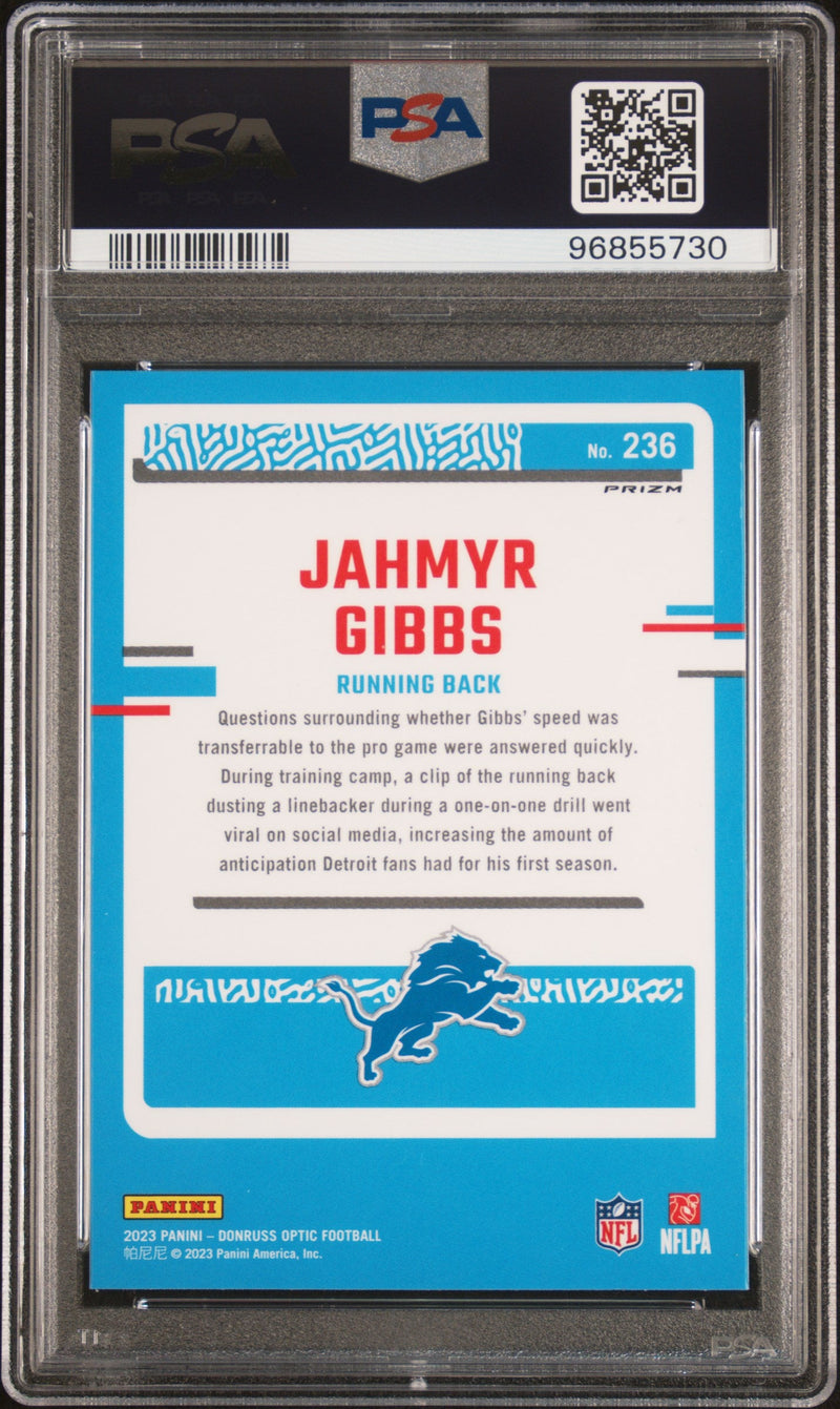 Graded 2023 Panini Donruss Optic Jahmyr Gibbs #236 Green Velocity Rookie RC Football Card PSA 10 Gem Mint