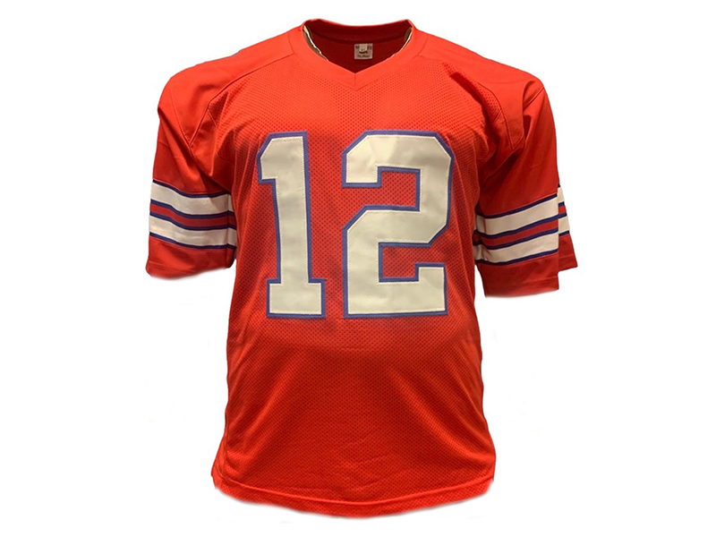 Jim Kelly Autographed Pro Style Football Jersey Red Stat (JSA)