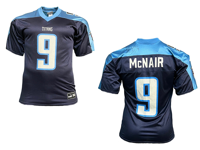 Steve McNair Autographed Blue Puma Tennessee Titans Football Jersey (JSA)