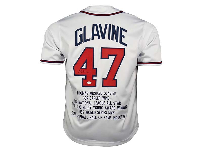 Tom Glavine Autographed Atlanta Pro StyleWhite Stats Baseball Jersey (JSA)