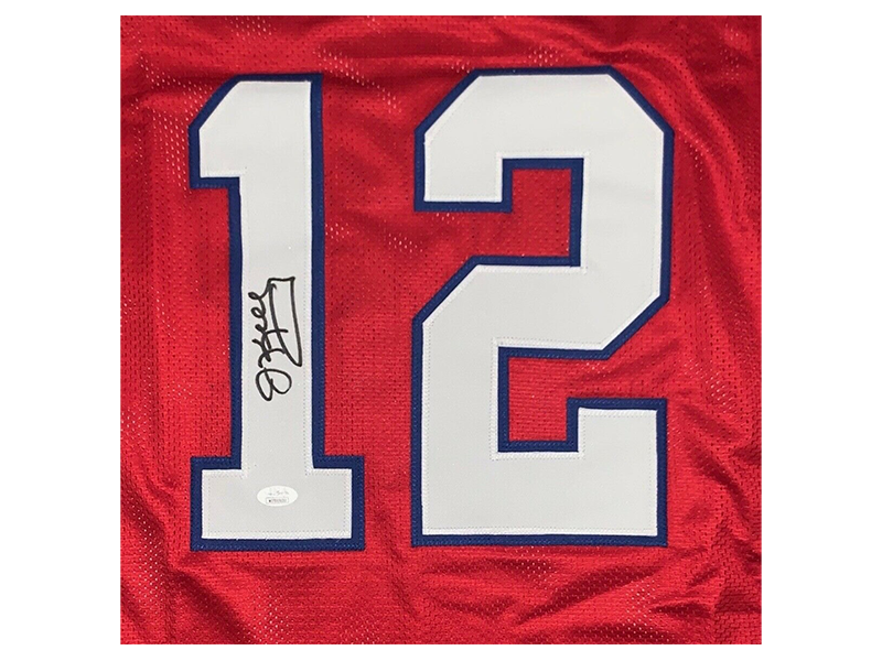 Jim Kelly Autographed Pro Style Football Jersey Red Stat (JSA)