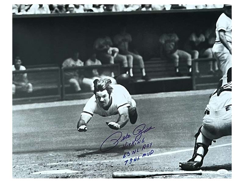 Pete Rose Autographed 16x20 Cincinnati Reds Black & White Photo 'Hit King" "63 NL ROY" "73 NL MVP" Inscription