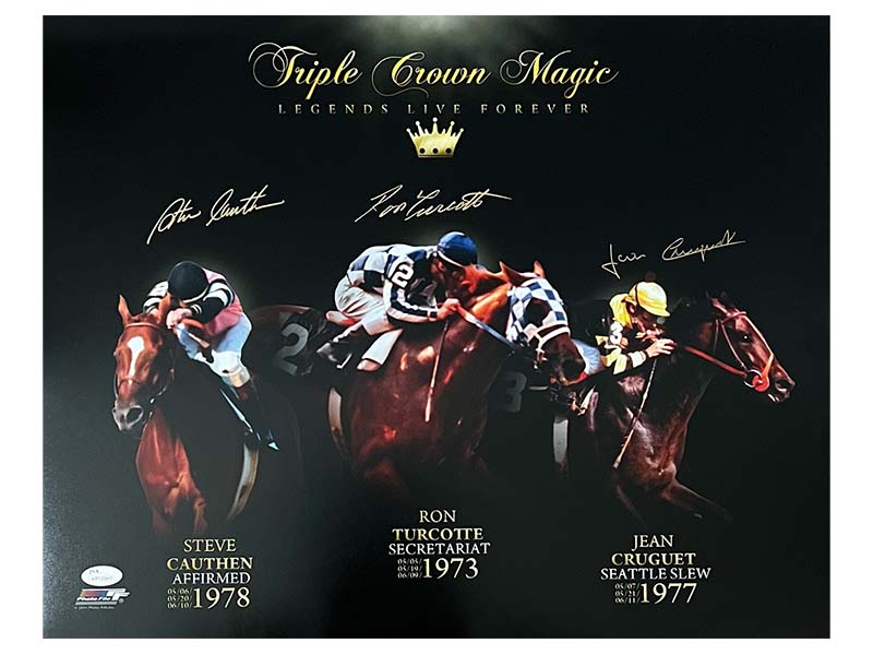 Steve Cauthen, Ron Turcotte & Jean Cruguet Signed Triple Crown 16x20 Photo (JSA)