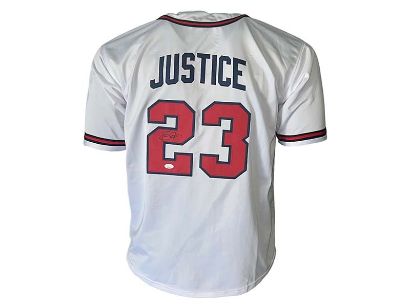 David Justice Autographed Signed Atlanta White Baseball Jersey (JSA)