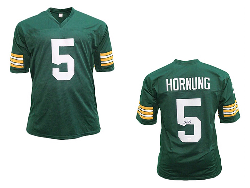 Paul Hornung Autographed Pro Style Football Jersey Green (JSA)