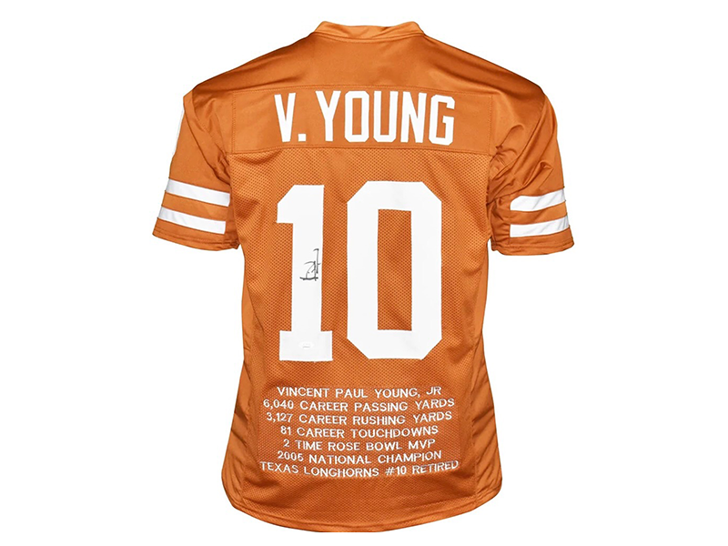 Vince Young Autographed Texas College Orange Stats Football Jersey (JSA)