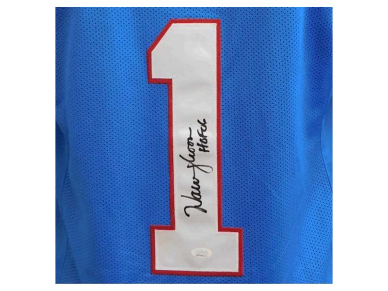 Warren Moon Autographed Pro Style Football Jersey Light Blue HOF '06 (JSA)