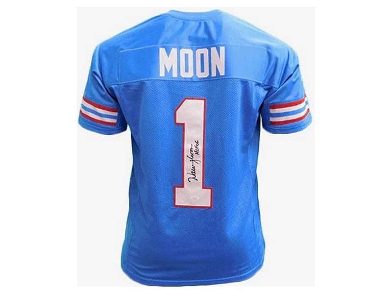 Warren Moon Autographed Pro Style Football Jersey Light Blue HOF '06 (JSA)