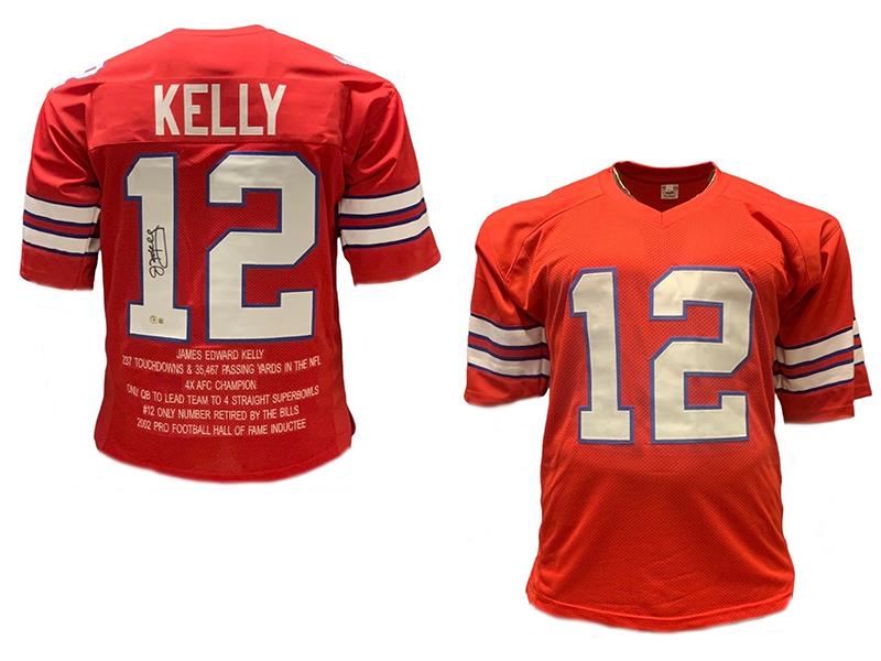 Jim Kelly Autographed Pro Style Football Jersey Red Stat (JSA)