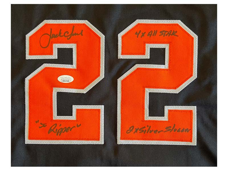 Jack Clark Signed San Francisco 4x All Star, 2x Silver Slugger, The Ripper Inscription San Francisco Black Pro Style Baseball Jersey (JSA)