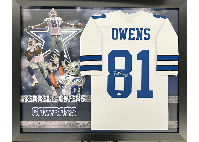 Terrell Owens Autographed Dallas white frame Jersey 35”x44”(JSA)