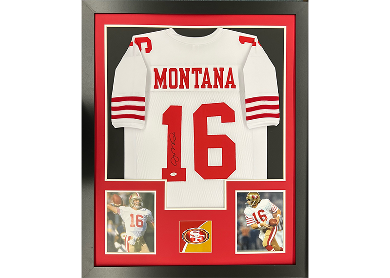 Joe Montana Autographed Framed Football Jersey White 35x44 (JSA)