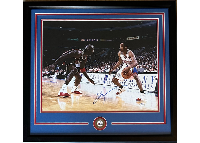 Allen Iverson Vs Michael Jordan Autographed 16x20 Framed Photo PSA