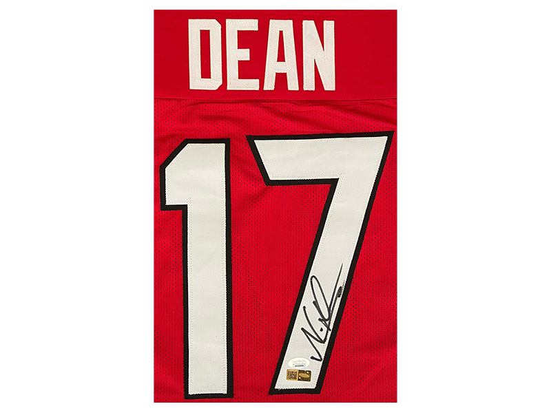 goldenautograph Nakobe Dean Autographed Collage Red Football Jersey (JSA