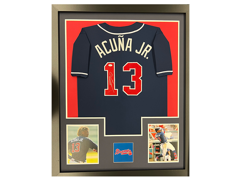 Ronald Acuna Jr. Autographed Blue Atlanta Framed Baseball Jersey 35x44 (JSA)