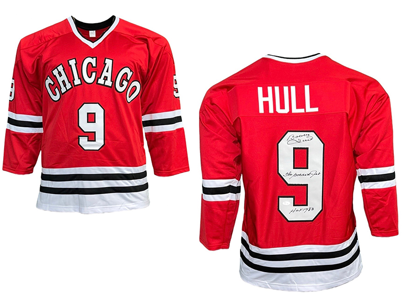 Bobby Hull Autographed Red Pro Style Hockey Jersey 1983 HOF Inscription (JSA)