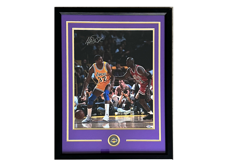 Magic Johnson Lakers Autographed 16x20  Framed Photo W/ Michael Jordan PSA