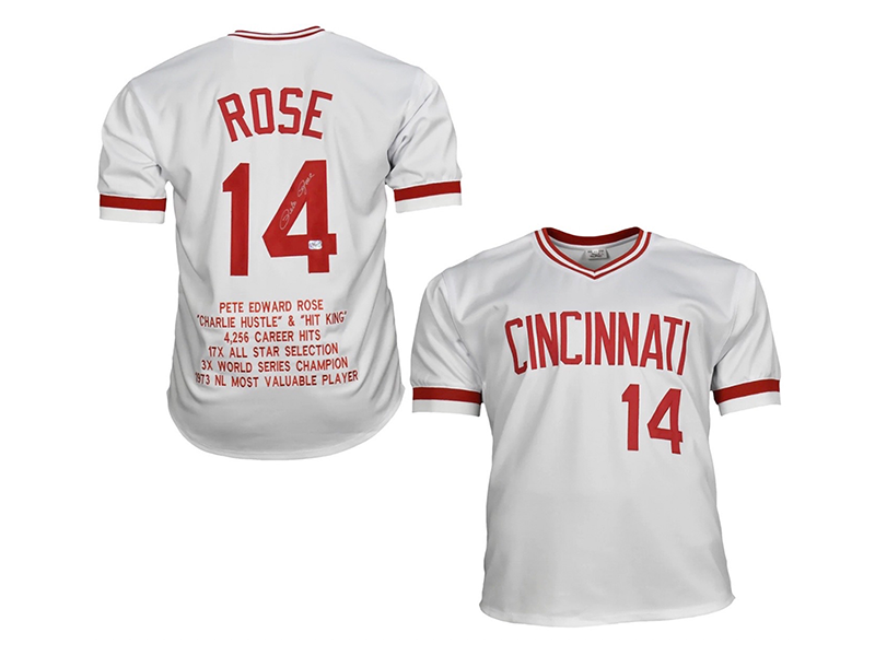 Pete Rose Autographed Cincinnati White Stats Baseball Jersey JSA